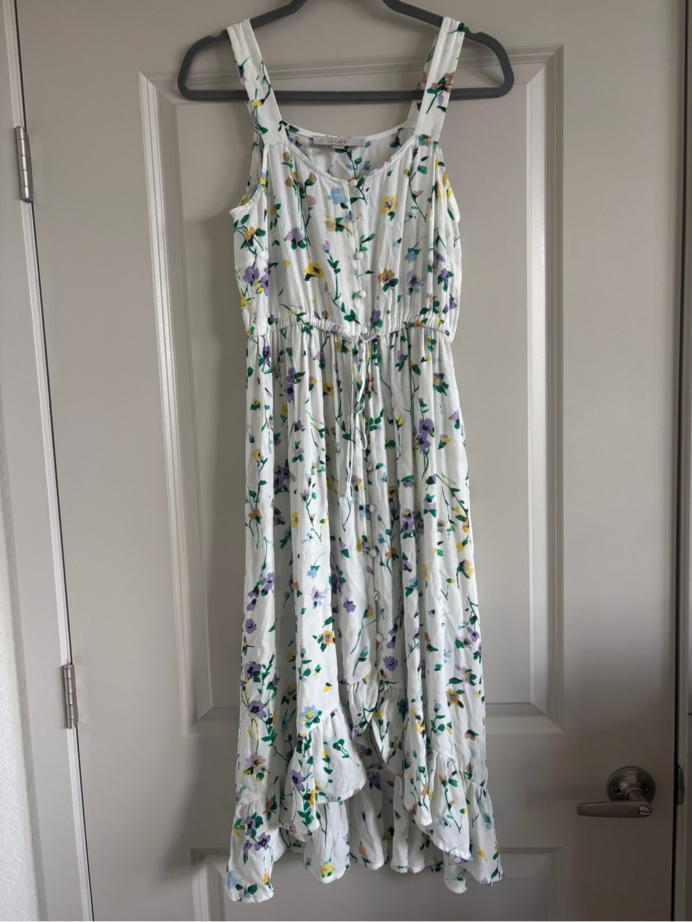 Women’s Floral White Maxi Dress with Purple & Yellow Accents LOFT size 0